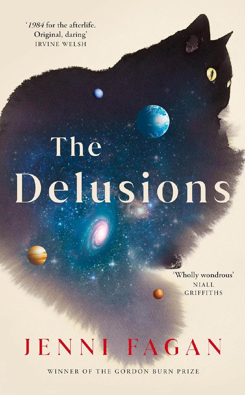The Cover of The Delusions, a Cat made of Universe against a cream background.